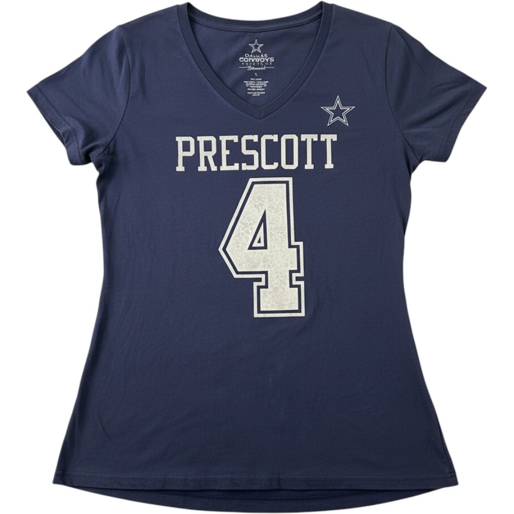 Dallas Cowboys Dak Prescott 4 Navy Blue V-Neck T-Shirt Womens Large L Cotton